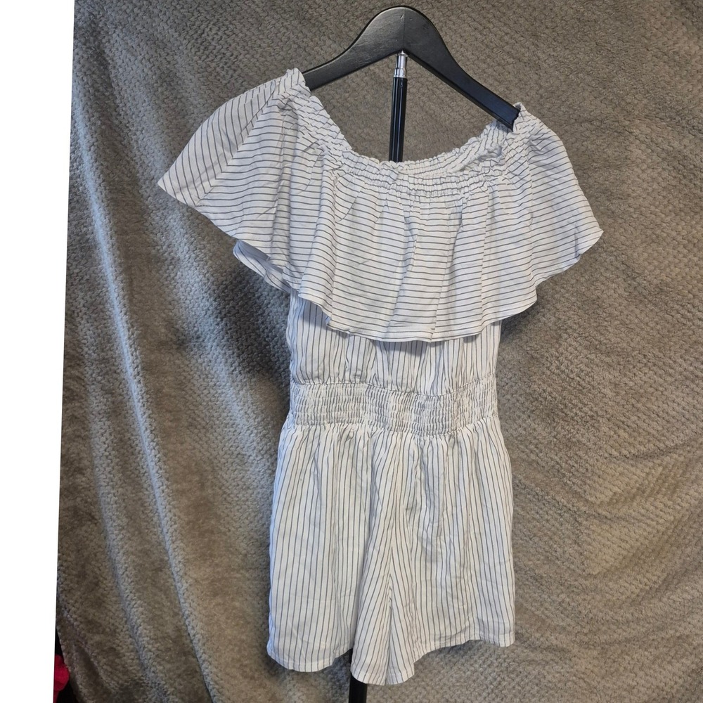 Abercrombie & Fitch Striped Off Shoulder Ruffle Romper White Navy Blue XS